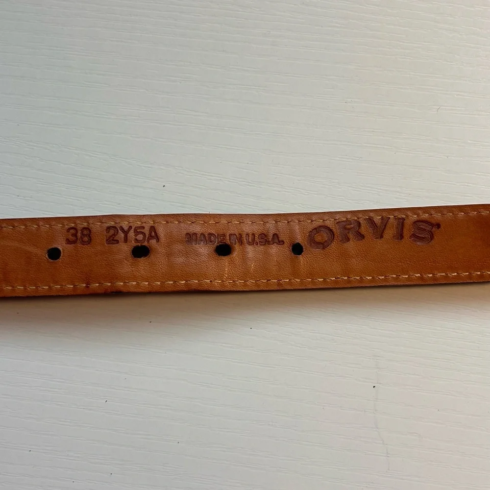 Orvis Belt Mens Size 38 Brown Leather‎ Beige Cord Fabric Brass Outdoor Casual